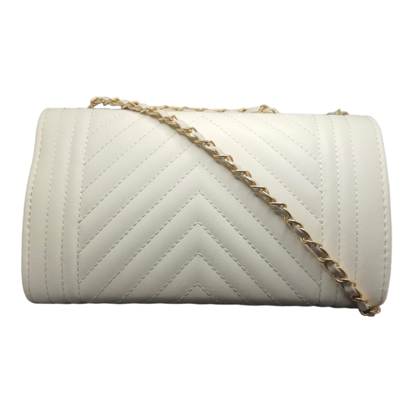 White Chevron Quilted Handbag Gold Tone Hardware - Picture 3 of 7